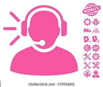 Operator Message pictograph with bonus configuration clip art. Vector illustration style is flat iconic pink symbols on white background.