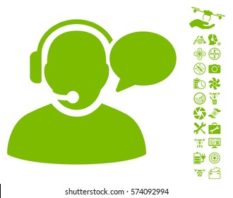 Operator Message pictograph with bonus drone tools graphic icons. Vector illustration style is flat iconic eco green symbols on white background.