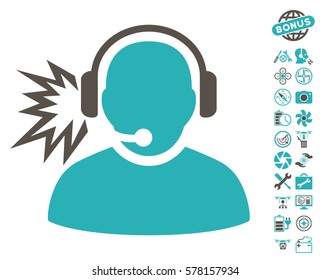 Operator Message pictograph with bonus flying drone service clip art. Vector illustration style is flat iconic grey and cyan symbols on white background.