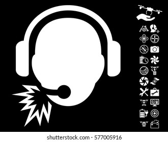 Operator Message pictograph with bonus nanocopter service graphic icons. Vector illustration style is flat iconic white symbols on black background.
