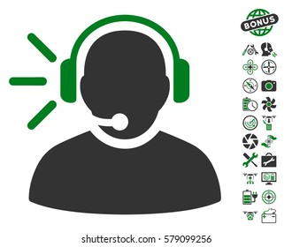 Operator Message pictograph with bonus nanocopter tools symbols. Vector illustration style is flat iconic green and gray symbols on white background.