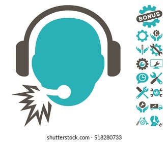 Operator Message pictograph with bonus options pictograph collection. Vector illustration style is flat iconic grey and cyan symbols on white background.