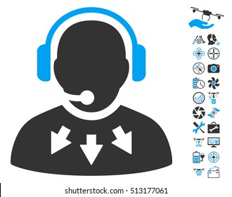 Operator Message pictograph with bonus quad copter service pictograph collection. Vector illustration style is flat iconic blue and gray symbols on white background.