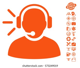 Operator Message pictograph with bonus quad copter service clip art. Vector illustration style is flat iconic orange symbols on white background.