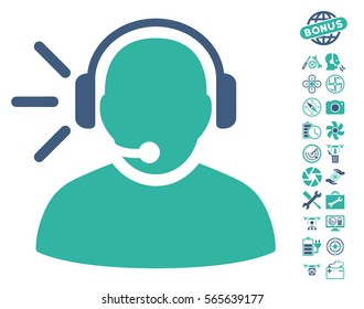 Operator Message pictograph with bonus quadrocopter tools symbols. Vector illustration style is flat iconic cobalt and cyan symbols on white background.