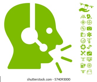 Operator Message pictograph with bonus quadrocopter tools pictures. Vector illustration style is flat iconic eco green symbols on white background.