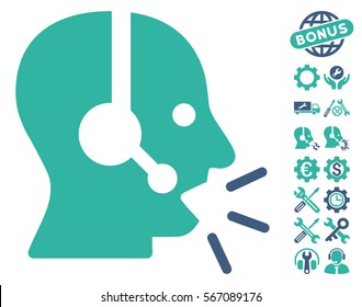 Operator Message pictograph with bonus service symbols. Vector illustration style is flat iconic cobalt and cyan symbols on white background.