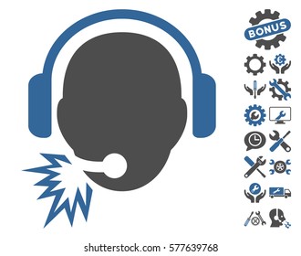 Operator Message pictograph with bonus service pictograph collection. Vector illustration style is flat iconic cobalt and gray symbols on white background.