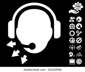 Operator Message pictograph with bonus setup tools pictures. Vector illustration style is flat iconic white symbols on black background.