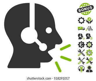 Operator Message pictograph with bonus setup tools images. Vector illustration style is flat iconic eco green and gray symbols on white background.
