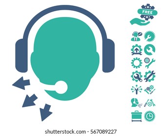 Operator Message pictograph with bonus tools graphic icons. Vector illustration style is flat iconic cobalt and cyan symbols on white background.