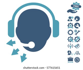 Operator Message pictograph with bonus tools pictograms. Vector illustration style is flat iconic cyan and blue symbols on white background.