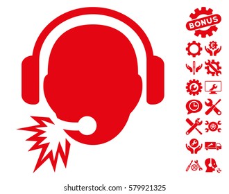 Operator Message pictograph with bonus tools icon set. Vector illustration style is flat iconic red symbols on white background.
