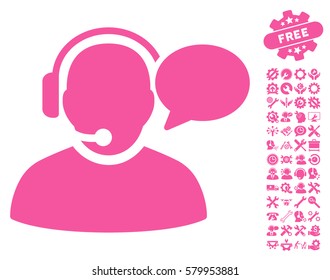 Operator Message pictograph with bonus tools icon set. Vector illustration style is flat iconic pink symbols on white background.