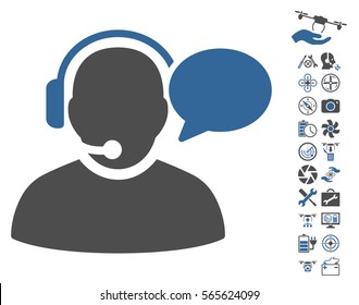 Operator Message pictograph with bonus uav tools pictures. Vector illustration style is flat iconic cobalt and gray symbols on white background.