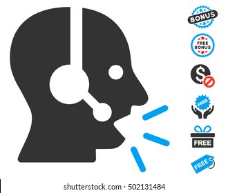 Operator Message pictograph with free bonus design elements. Vector illustration style is flat iconic symbols, blue and gray colors, white background.