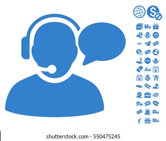 Operator Message pictograph with free bonus design elements. Vector illustration style is flat iconic symbols, cobalt color, white background.