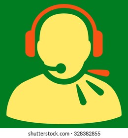 Operator Message vector icon. Style is bicolor flat symbol, orange and yellow colors, rounded angles, green background.