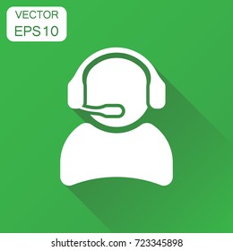 Operator with microphone icon. Business concept operator in call center pictogram. Vector illustration on green background with long shadow.