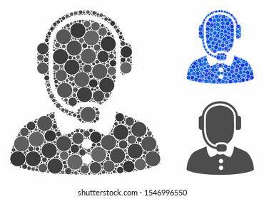 Operator mosaic of circle elements in variable sizes and color hues, based on operator icon. Vector circle elements are composed into blue mosaic. Dotted operator icon in usual and blue versions.