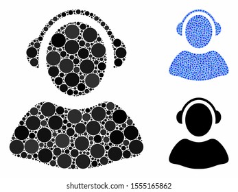 Operator mosaic of filled circles in different sizes and color tinges, based on operator icon. Vector small circles are united into blue mosaic. Dotted operator icon in usual and blue versions.