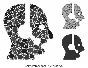 Operator mosaic of inequal pieces in different sizes and color hues, based on operator icon. Vector humpy pieces are united into collage. Operator icons collage with dotted pattern.