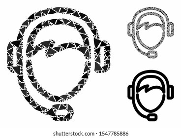 Operator mosaic of ragged items in various sizes and color hues, based on operator icon. Vector unequal items are composed into mosaic. Operator icons collage with dotted pattern.