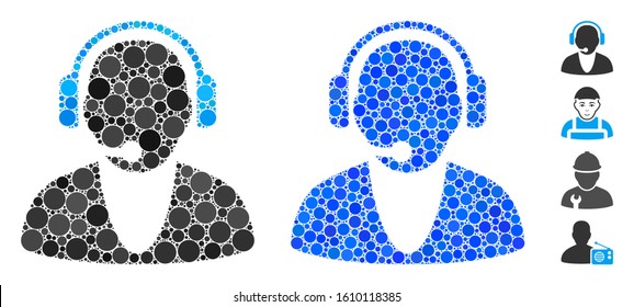 Operator mosaic of round dots in variable sizes and color tones, based on operator icon. Vector round elements are combined into blue illustration. Dotted operator icon in usual and blue versions.