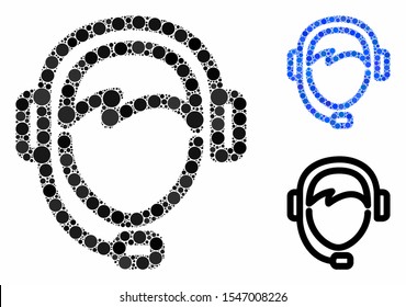 Operator mosaic of round dots in various sizes and shades, based on operator icon. Vector round dots are composed into blue mosaic. Dotted operator icon in usual and blue versions.