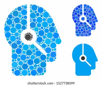 Operator mosaic of small circles in different sizes and color tinges, based on operator icon. Vector small circles are composed into blue collage. Dotted operator icon in usual and blue versions.