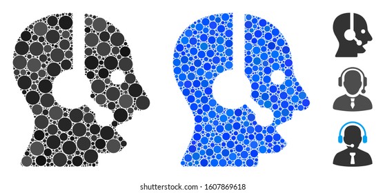 Operator mosaic of small circles in different sizes and color hues, based on operator icon. Vector small circles are composed into blue mosaic. Dotted operator icon in usual and blue versions.