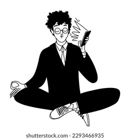 Operator on the phone with a nervous, screaming customer, businessman with a phone trying to relax on thr work, line minimalistic black and white illustration