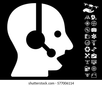 Operator pictograph with bonus copter tools pictograms. Vector illustration style is flat iconic white symbols on black background.