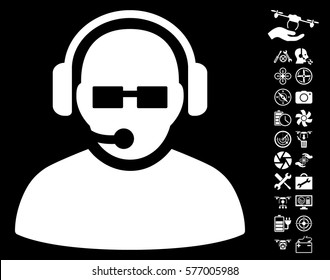 Operator pictograph with bonus drone tools icon set. Vector illustration style is flat iconic white symbols on black background.