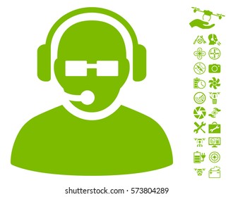 Operator pictograph with bonus quad copter service pictograms. Vector illustration style is flat iconic symbols on white background.