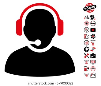 Operator pictograph with bonus quad copter tools images. Vector illustration style is flat iconic intensive red and black symbols on white background.