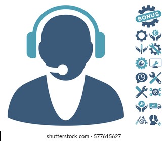 Operator pictograph with bonus service clip art. Vector illustration style is flat iconic cyan and blue symbols on white background.