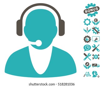 Operator pictograph with bonus setup tools icon set. Vector illustration style is flat iconic grey and cyan symbols on white background.