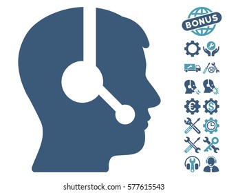 Operator pictograph with bonus setup tools images. Vector illustration style is flat iconic cyan and blue symbols on white background.