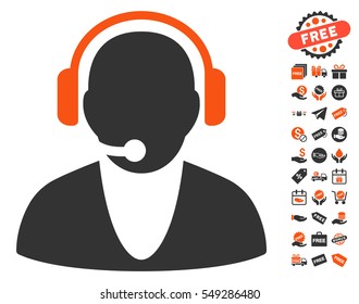 Operator pictograph with free bonus clip art. Vector illustration style is flat iconic symbols, orange and gray colors, white background.