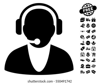 Operator pictograph with free bonus pictograph collection. Vector illustration style is flat iconic symbols, black color, white background.