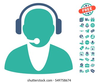 Operator pictograph with free bonus icon set. Vector illustration style is flat iconic symbols, cobalt and cyan colors, white background.
