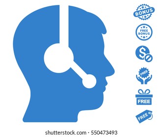 Operator pictograph with free bonus pictures. Vector illustration style is flat iconic symbols, cobalt color, white background.