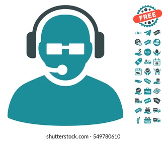 Operator pictograph with free bonus symbols. Vector illustration style is flat iconic symbols, soft blue colors, white background.