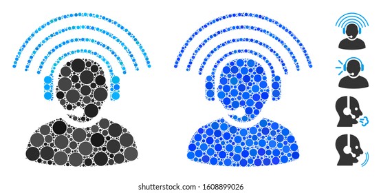 Operator radio signal composition of small circles in different sizes and color tones, based on operator radio signal icon. Vector small circles are organized into blue illustration.