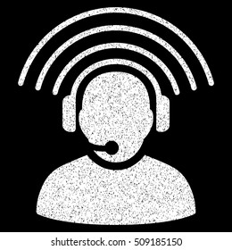 Operator Radio Signal grainy textured icon for overlay watermark stamps. Flat symbol with scratched texture. Dotted vector white ink rubber seal stamp with grunge design on a black background.