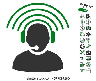 Operator Radio Signal icon with bonus drone service graphic icons. Vector illustration style is flat iconic green and gray symbols on white background.