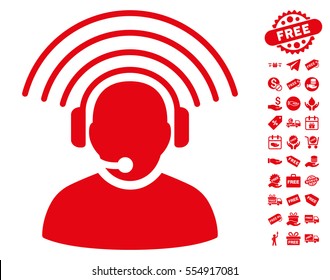 Operator Radio Signal pictograph with free bonus design elements. Vector illustration style is flat iconic symbols, red color, white background.