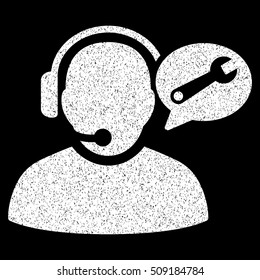 Operator Service Message grainy textured icon for overlay watermark stamps. Flat symbol with unclean texture. Dotted vector white ink rubber seal stamp with grunge design on a black background.