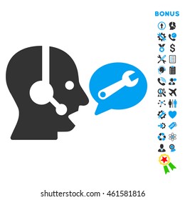 Operator Service Message icon with bonus pictograms. Vector style is bicolor flat iconic symbol with rounded angles, blue and gray colors, white background.